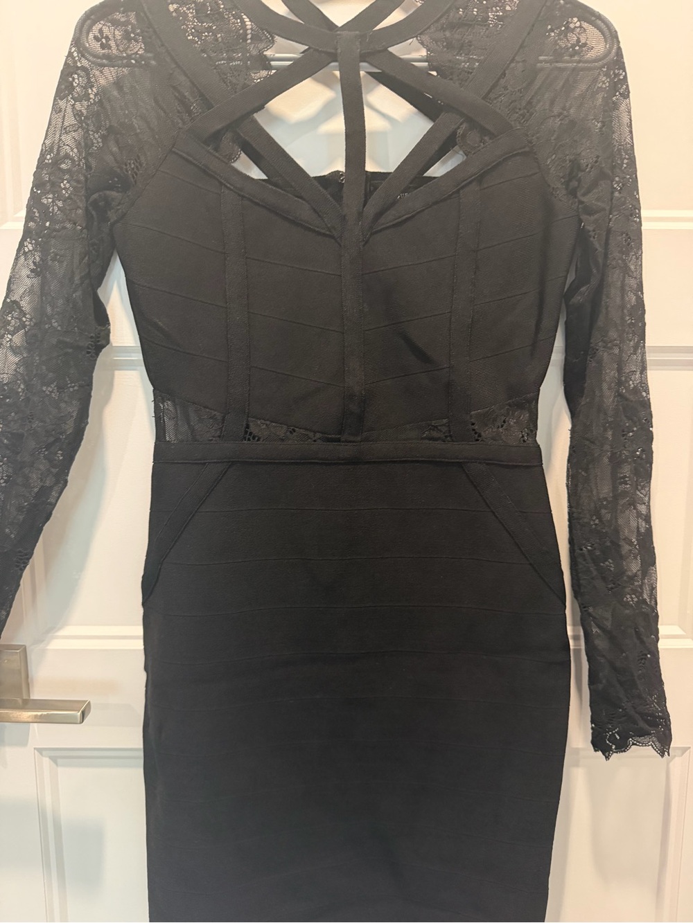 Guess Black Lace Long Sleeve Bodycon Dress with Strappy Neckline